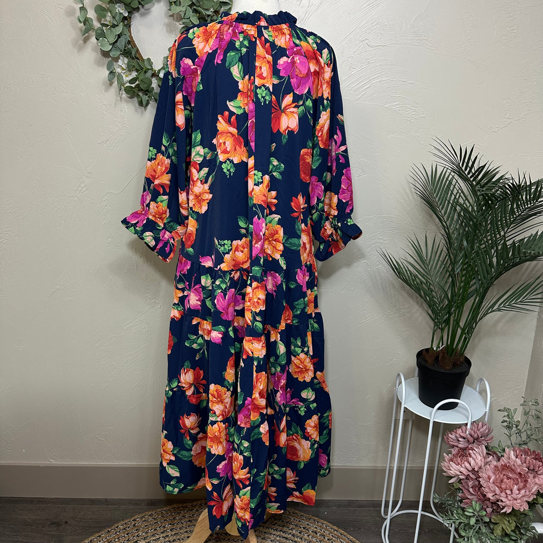 Liza Lou's Women's Modest Dress Navy Blue with Floral Pattern