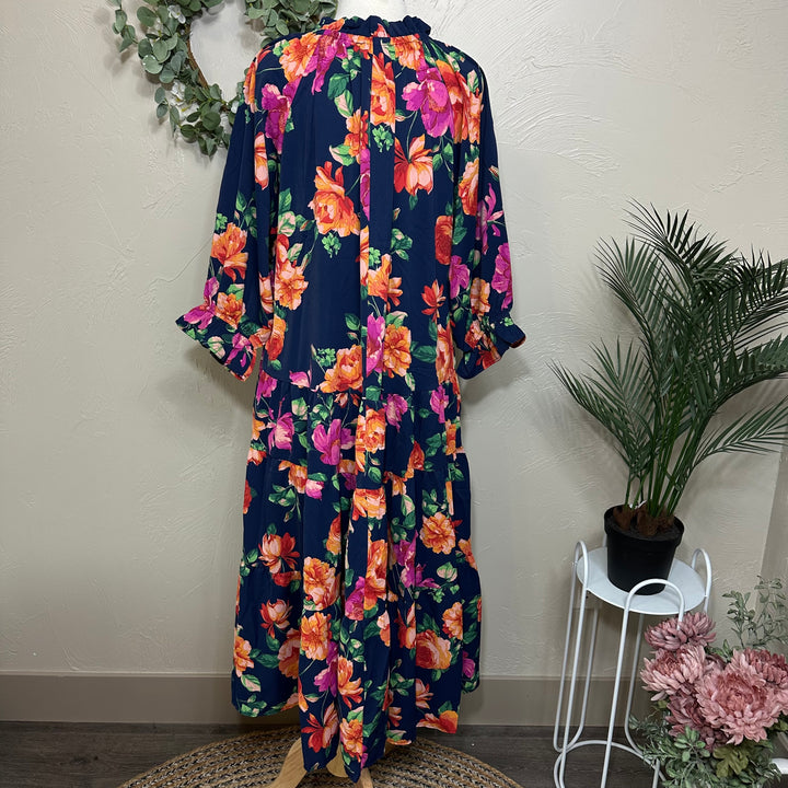 Liza Lou's Women's Modest Dress Navy Blue with Floral Pattern