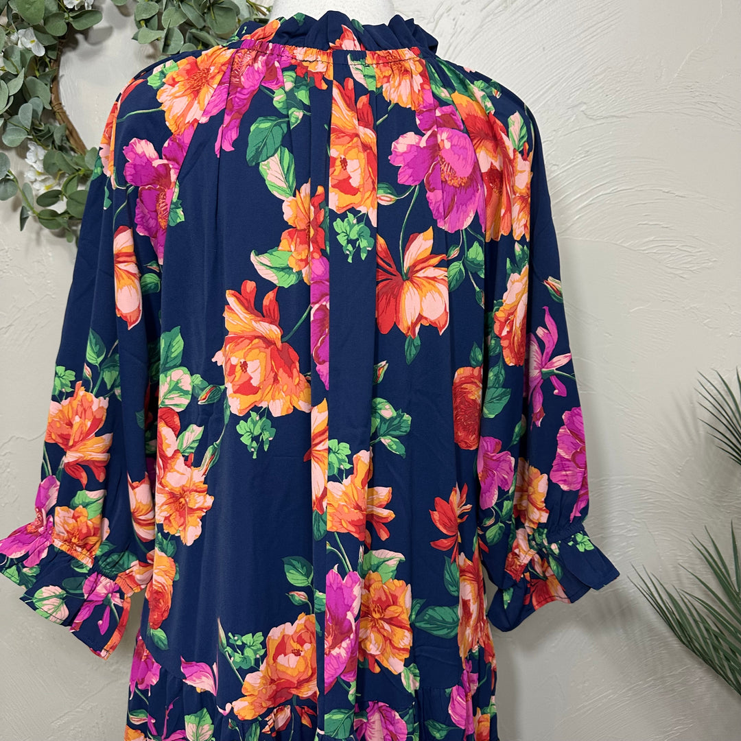Liza Lou's Women's Modest Dress Navy Blue with Floral Pattern