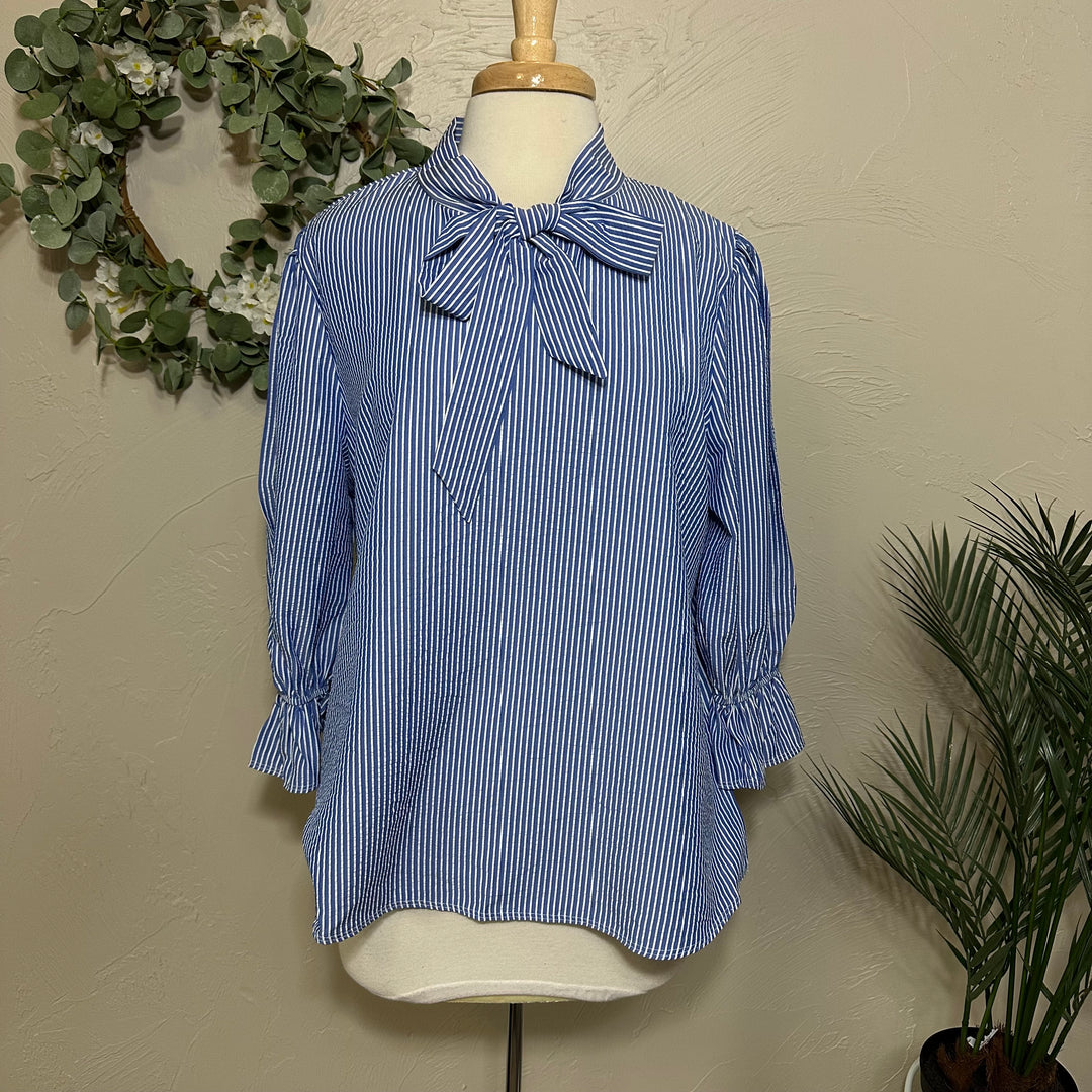 Liza Lou's Bow Front Top w/ Blue & Ivory Stripes