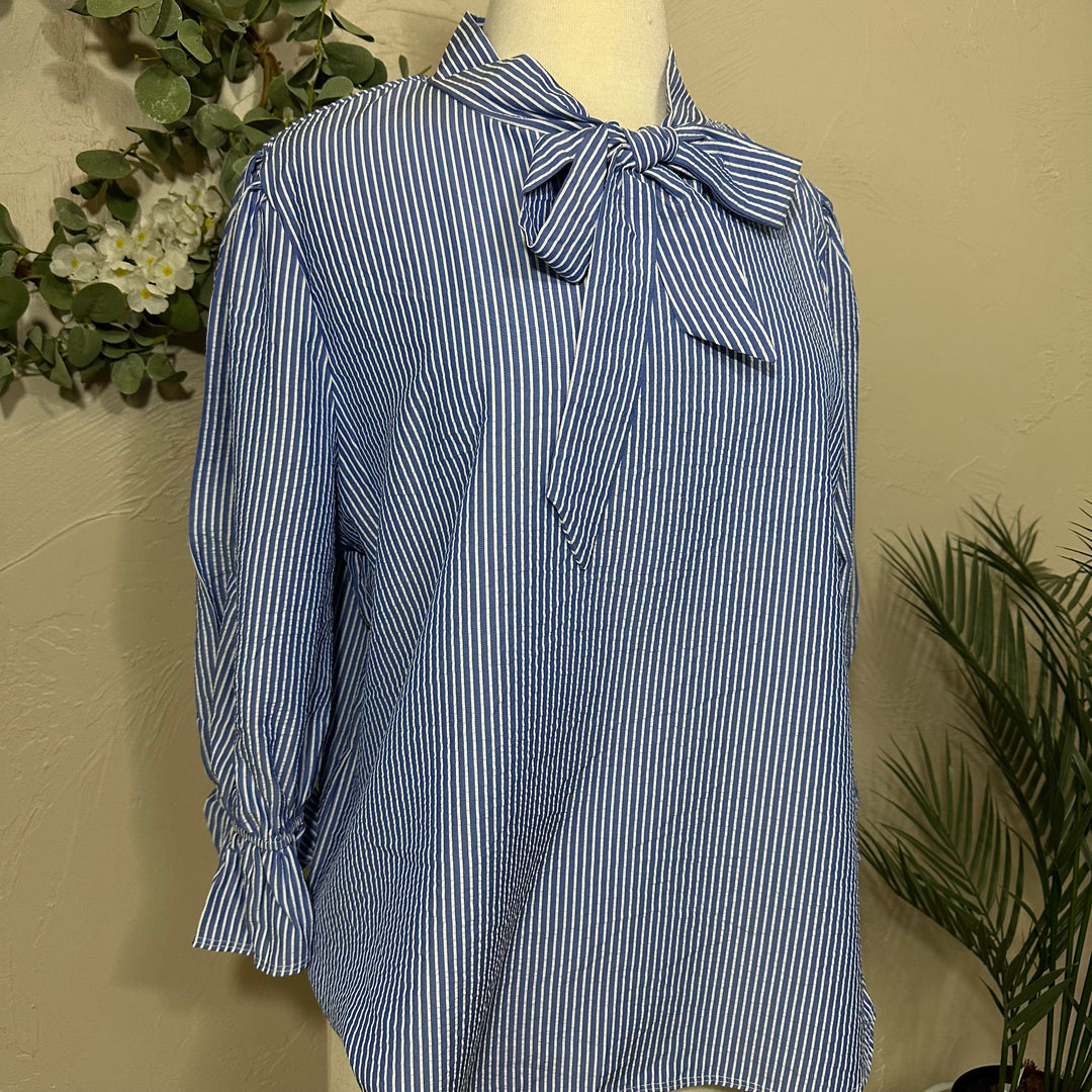 Liza Lou's Bow Front Top w/ Blue & Ivory Stripes