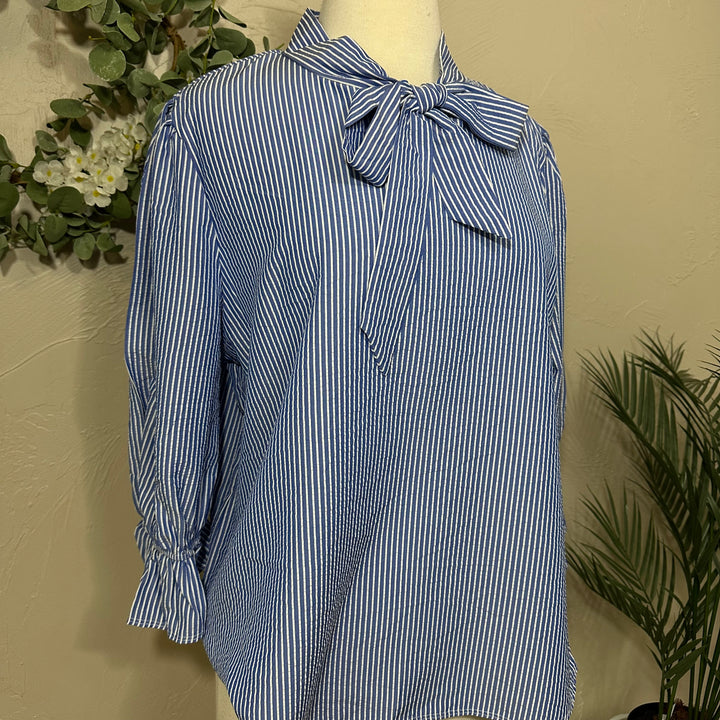 Liza Lou's Bow Front Top w/ Blue & Ivory Stripes