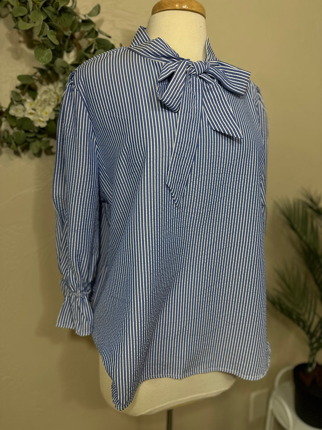 Liza Lou's Bow Front Top w/ Blue & Ivory Stripes