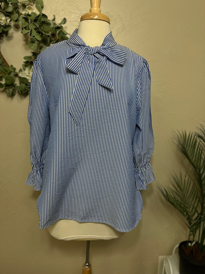 Liza Lou's Bow Front Top w/ Blue & Ivory Stripes