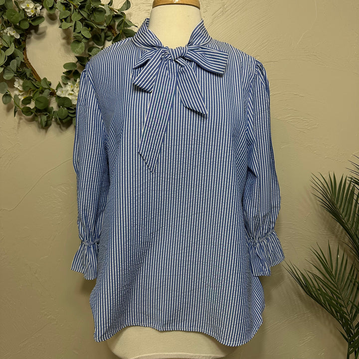 Liza Lou's Bow Front Top w/ Blue & Ivory Stripes