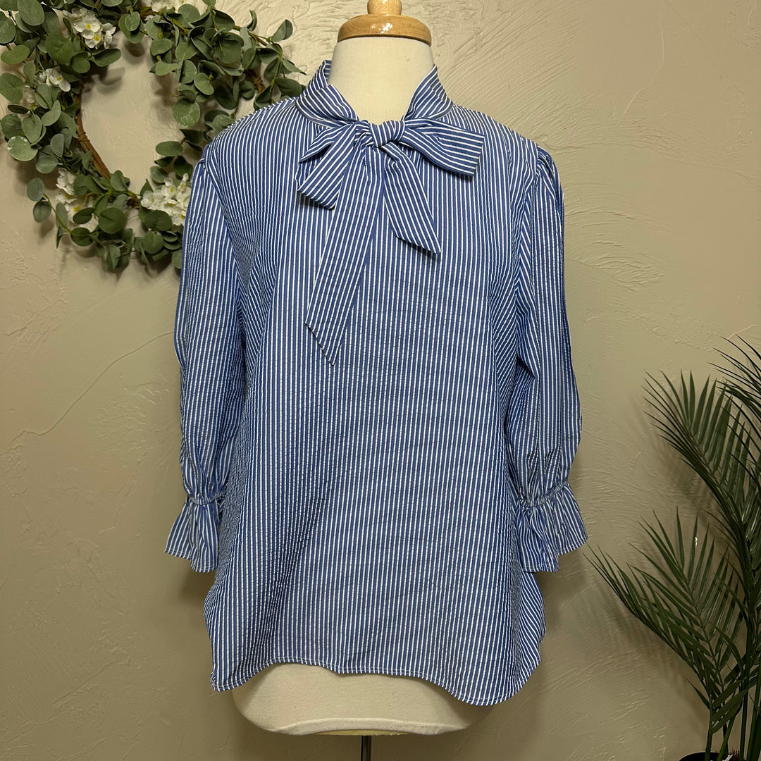 Liza Lou's Bow Front Top w/ Blue & Ivory Stripes