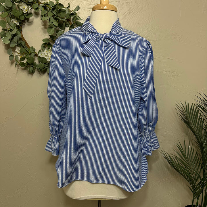 Liza Lou's Bow Front Top w/ Blue & Ivory Stripes
