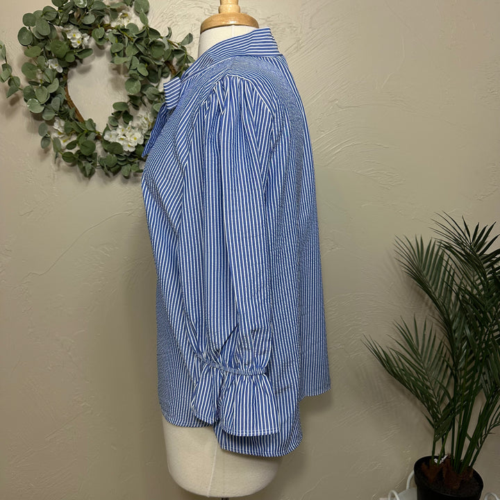 Liza Lou's Bow Front Top w/ Blue & Ivory Stripes
