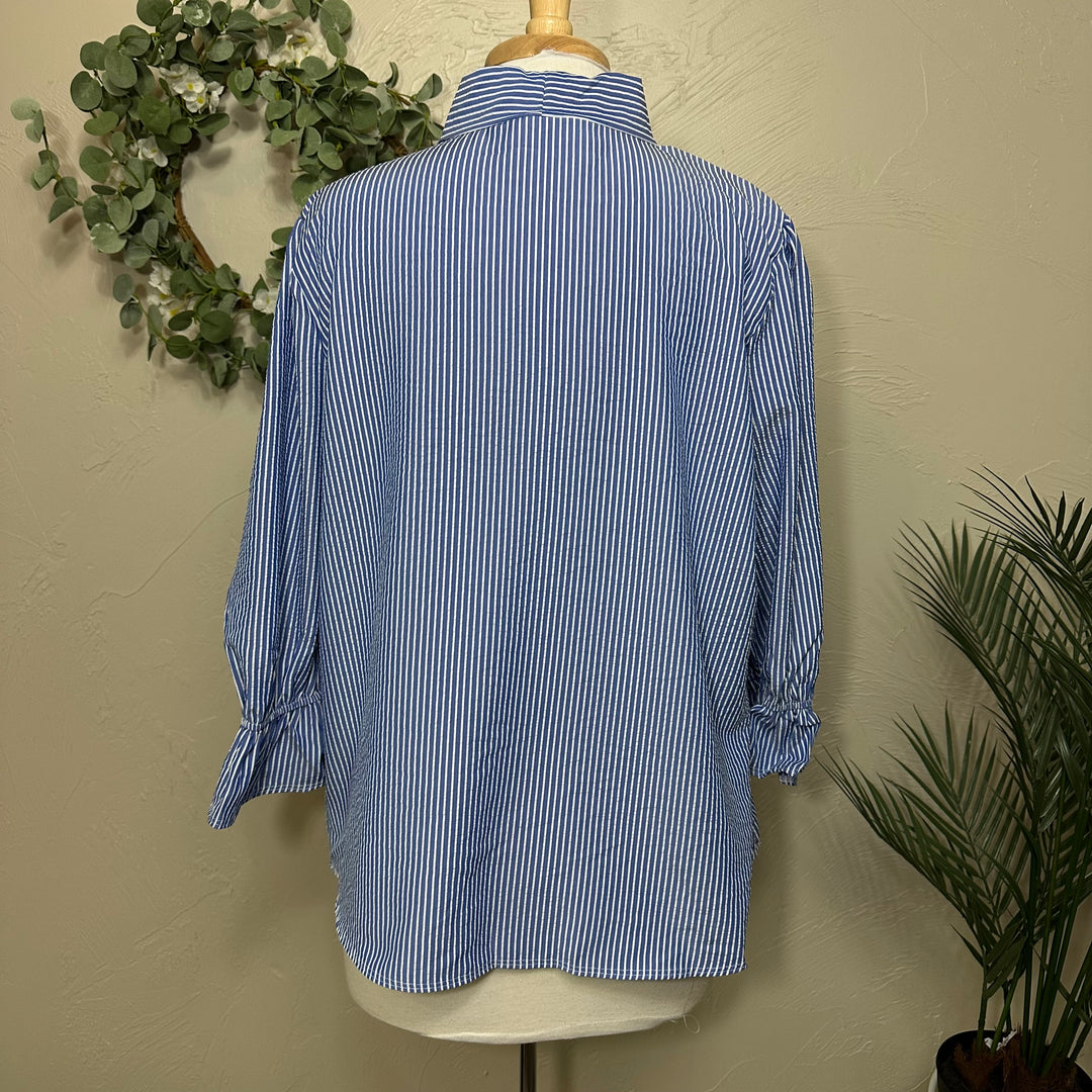 Liza Lou's Bow Front Top w/ Blue & Ivory Stripes