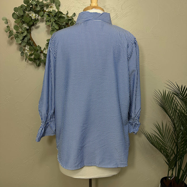 Liza Lou's Bow Front Top w/ Blue & Ivory Stripes