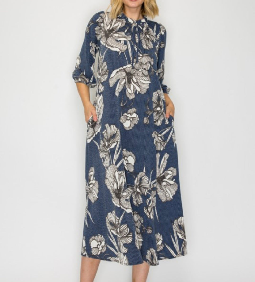 Blue Floral Textured Fabric Modest Dress