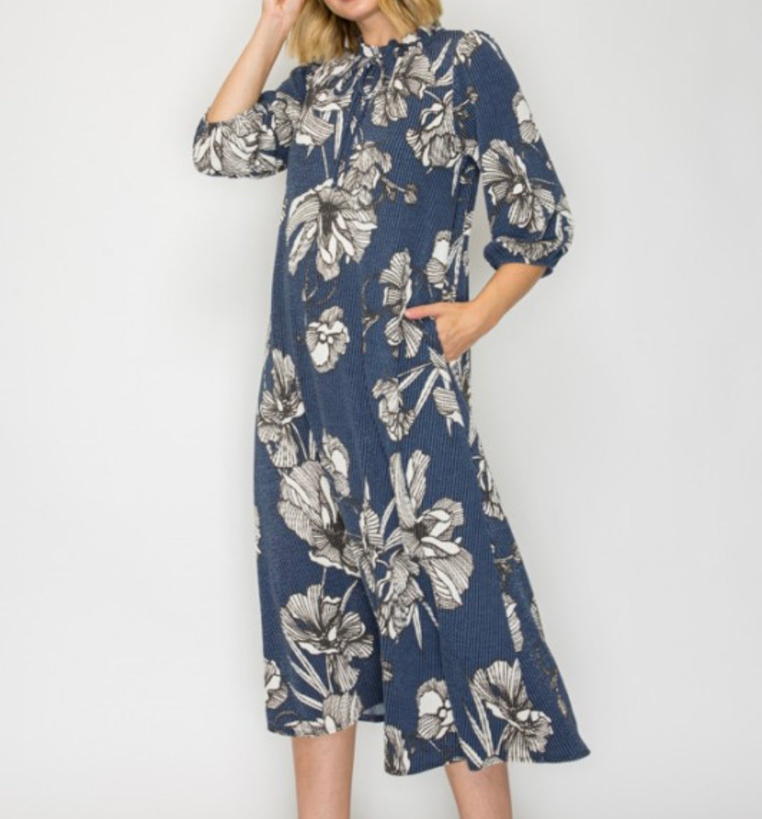 Blue Floral Textured Fabric Modest Dress