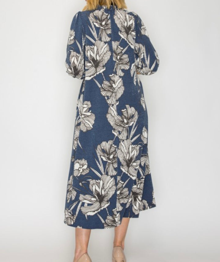 Blue Floral Textured Fabric Modest Dress