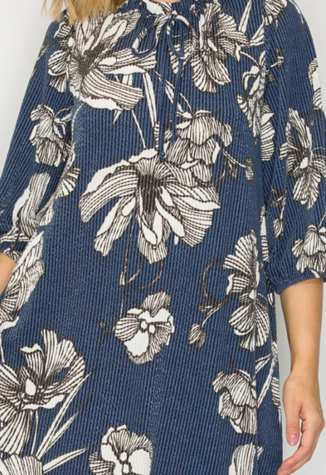 Blue Floral Textured Fabric Modest Dress