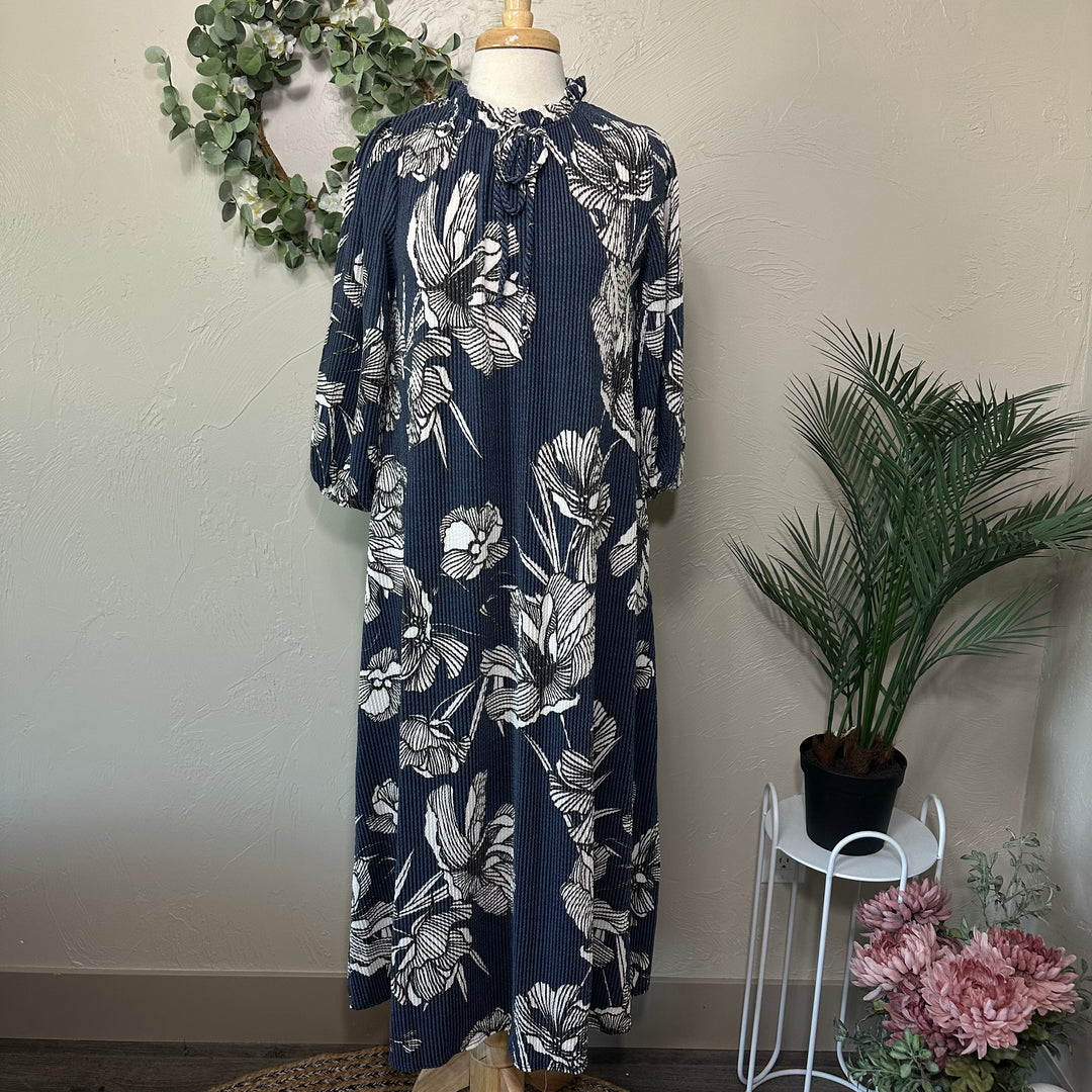 Blue Floral Textured Fabric Modest Dress