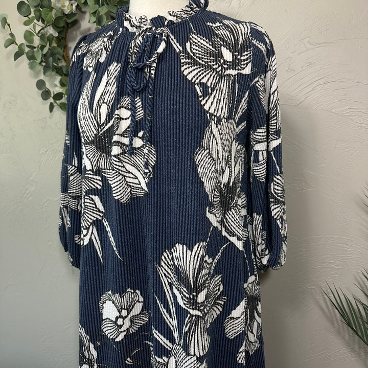 Blue Floral Textured Fabric Modest Dress