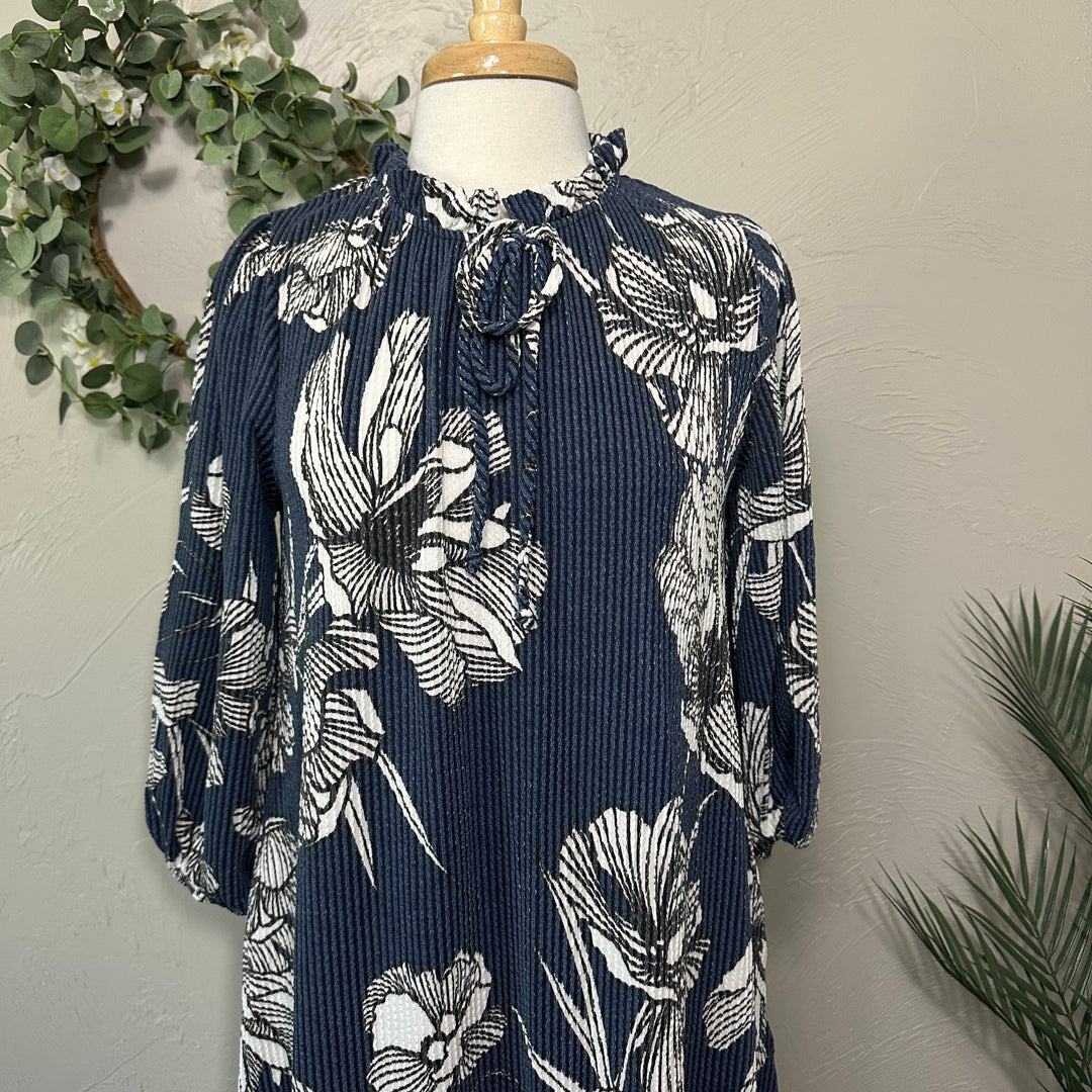 Blue Floral Textured Fabric Modest Dress