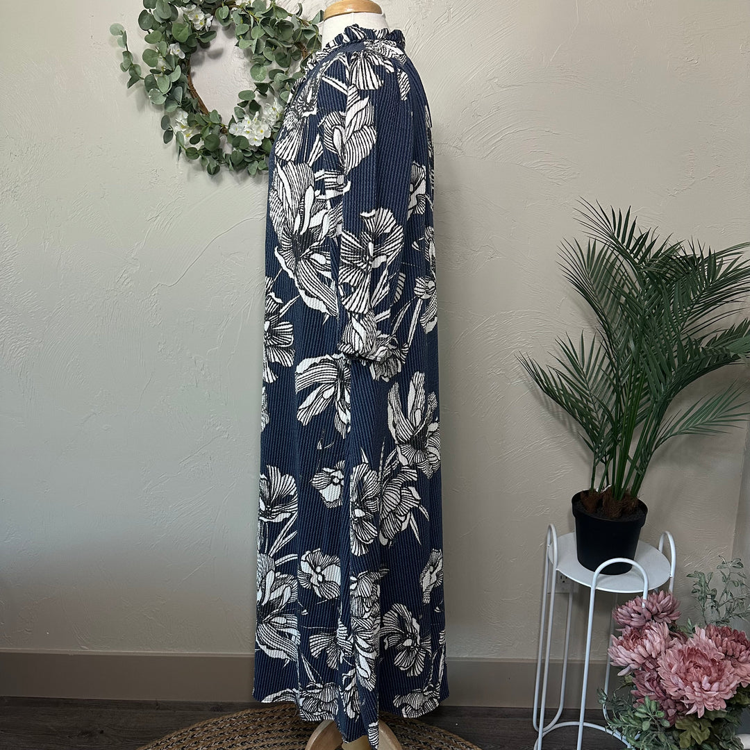 Blue Floral Textured Fabric Modest Dress