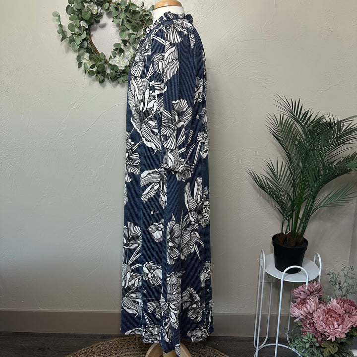 Blue Floral Textured Fabric Modest Dress