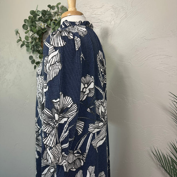 Blue Floral Textured Fabric Modest Dress