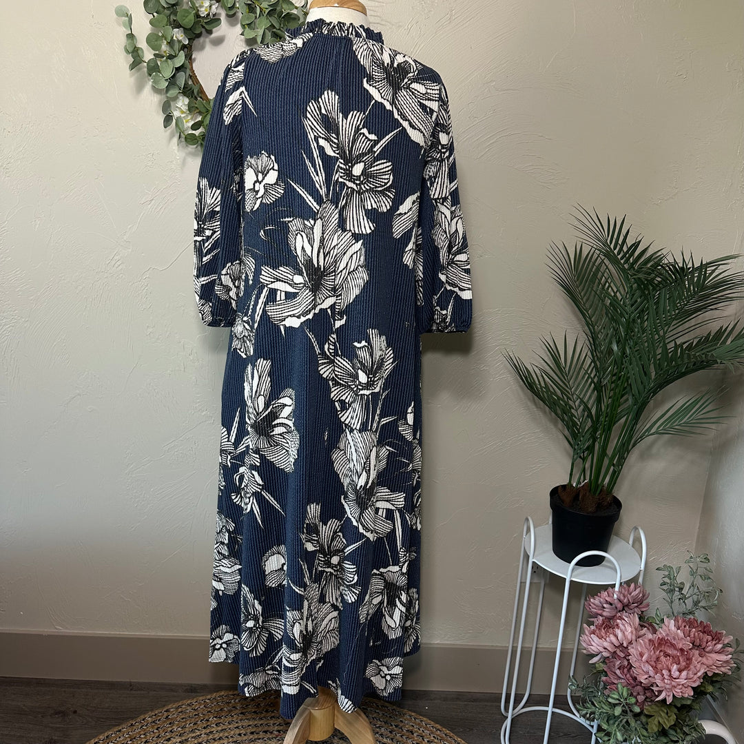 Blue Floral Textured Fabric Modest Dress