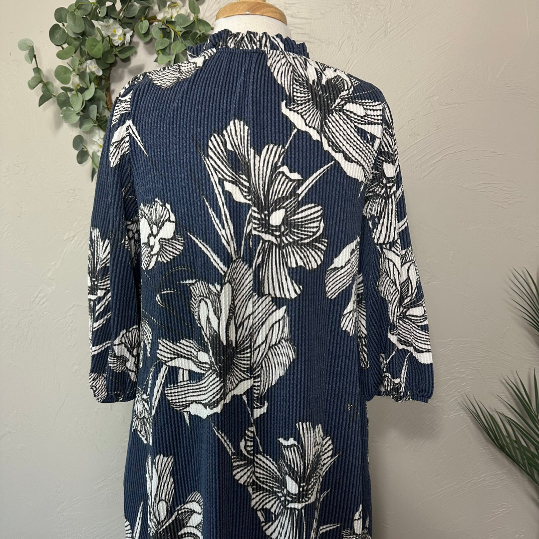 Blue Floral Textured Fabric Modest Dress