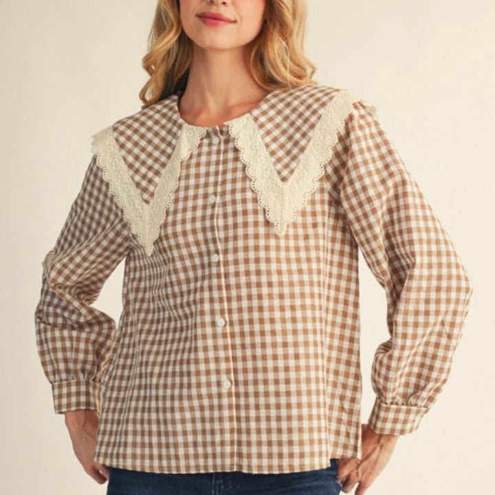 Liza Lou's Brown & Cream Gingham Blouse w/ Peter Pan Collar