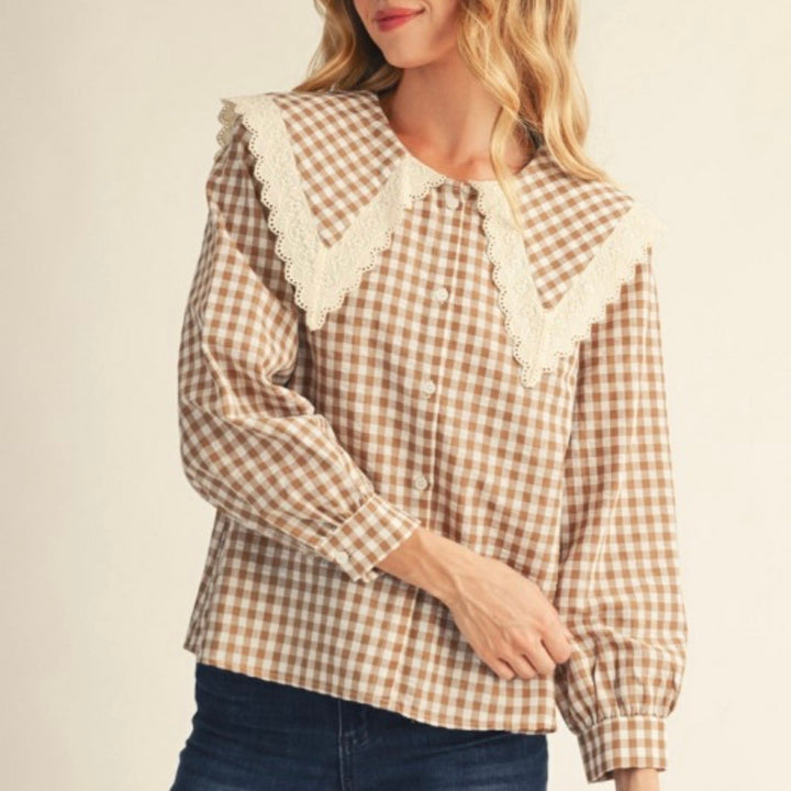 Liza Lou's Brown & Cream Gingham Blouse w/ Peter Pan Collar