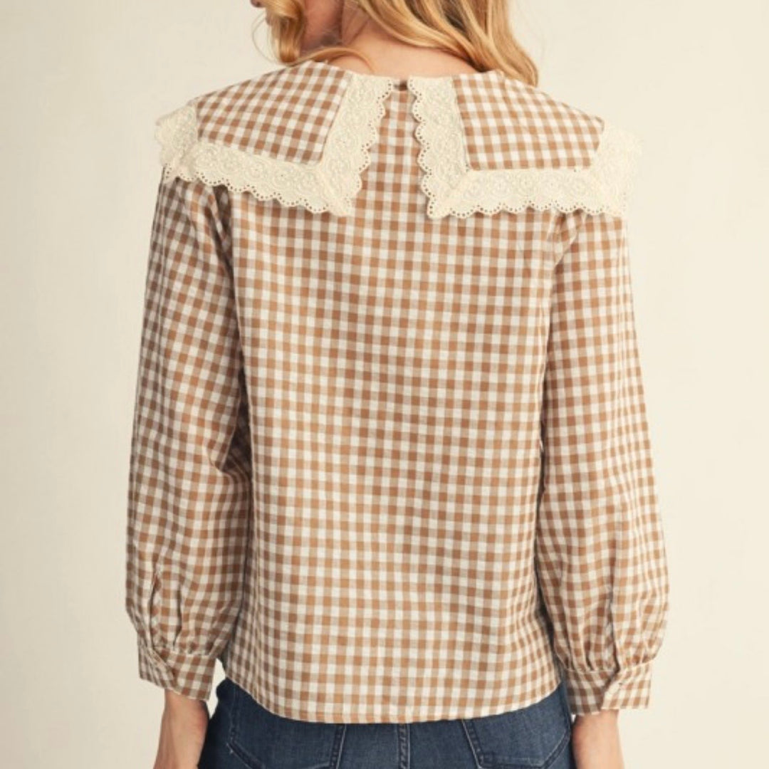 Liza Lou's Brown & Cream Gingham Blouse w/ Peter Pan Collar