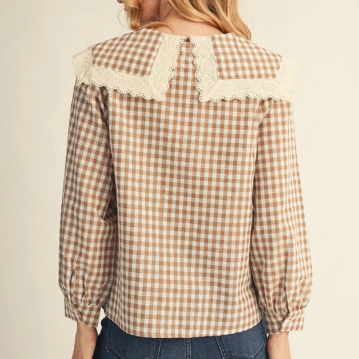 Liza Lou's Brown & Cream Gingham Blouse w/ Peter Pan Collar