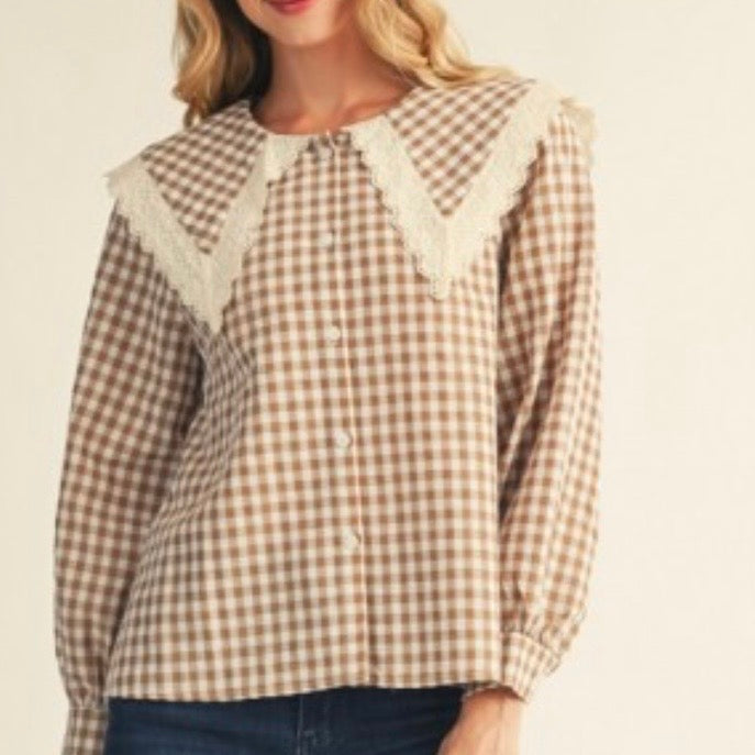 Liza Lou's Brown & Cream Gingham Blouse w/ Peter Pan Collar