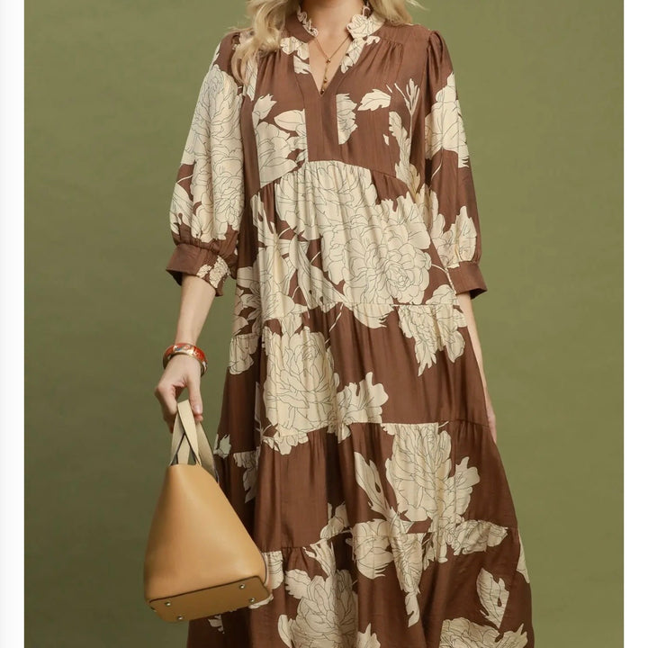Liza Lou's Lovely Brown Floral Design Modest Dress