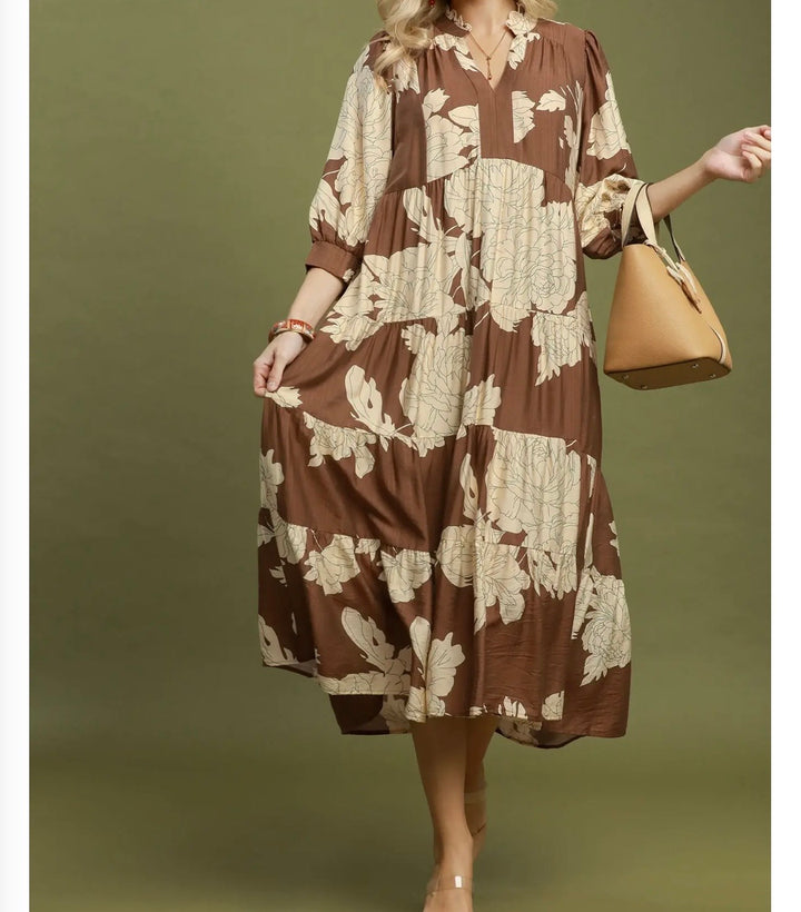 Liza Lou's Lovely Brown Floral Design Modest Dress