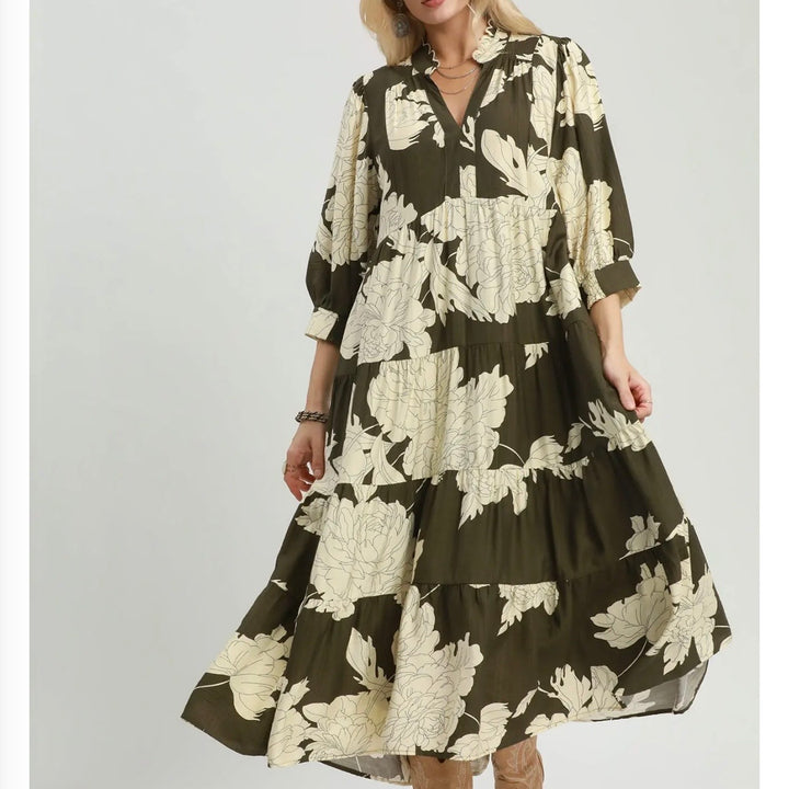 Liza Lou's Lovely Olive Green Floral Design Modest Dress