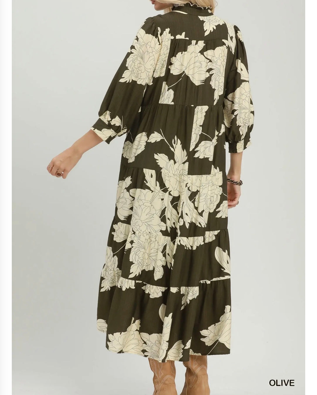 Liza Lou's Lovely Olive Green Floral Design Modest Dress
