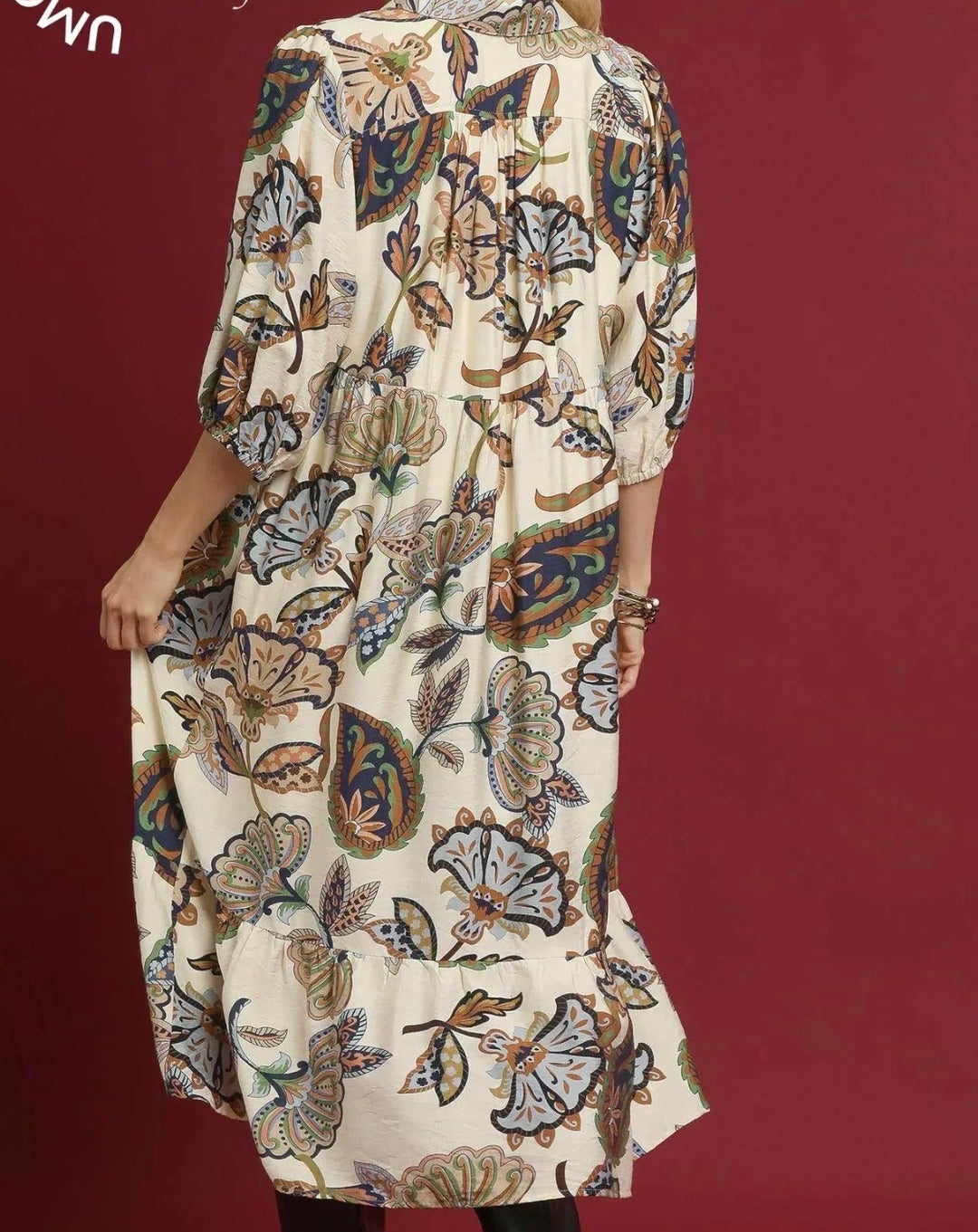 Liza Lou's Suzette Cream with Colorful Paisley Design Modest Dress
