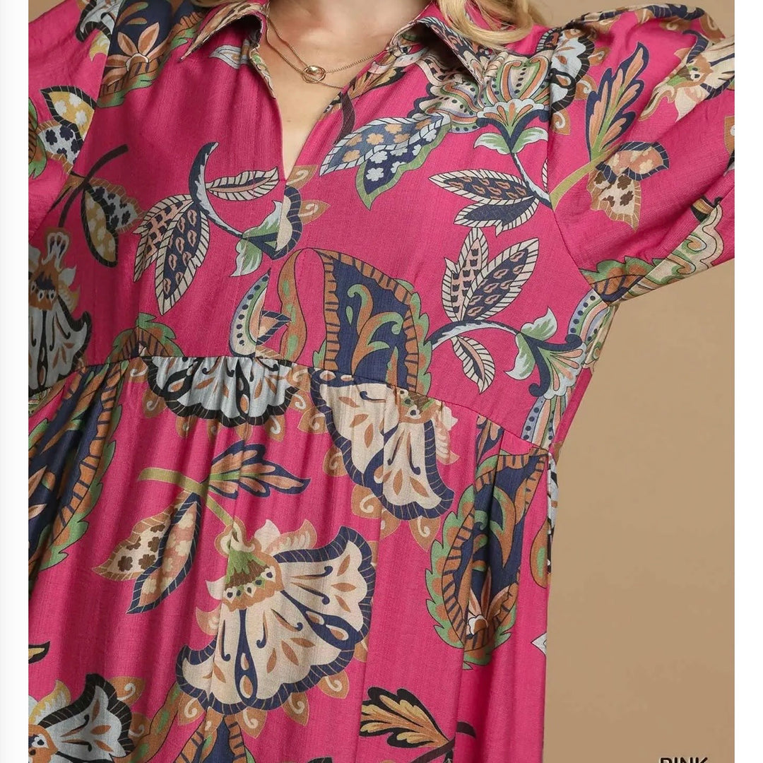 Liza Lou's Suzette Pink with Colorful Paisley Design Modest Dress