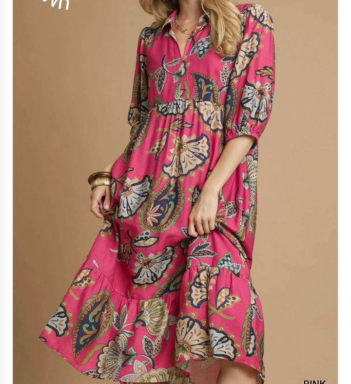 Liza Lou's Suzette Pink with Colorful Paisley Design Modest Dress