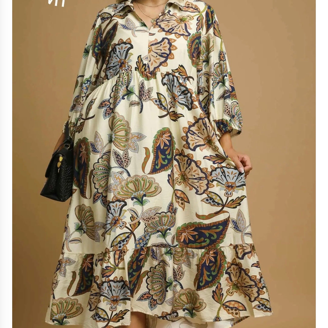 Liza Lou's Suzette Cream with Colorful Paisley Design Modest Dress