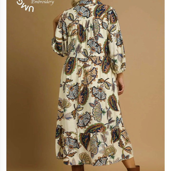 Liza Lou's Suzette Cream with Colorful Paisley Design Modest Dress