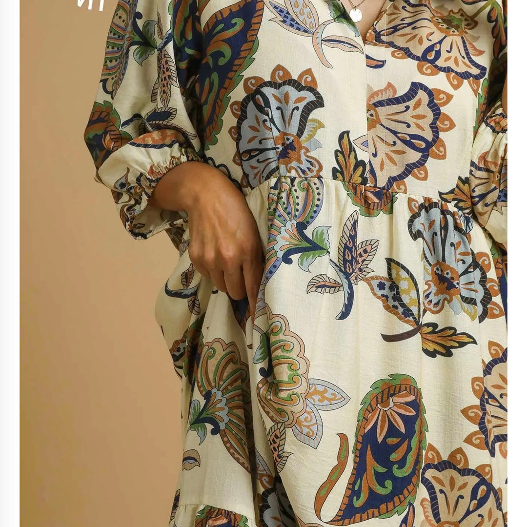Liza Lou's Suzette Cream with Colorful Paisley Design Modest Dress