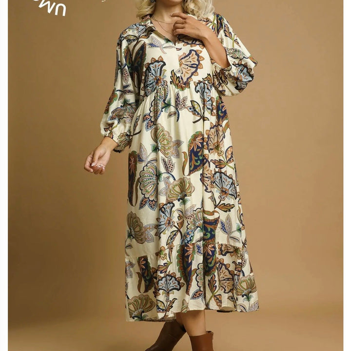 Liza Lou's Suzette Cream with Colorful Paisley Design Modest Dress