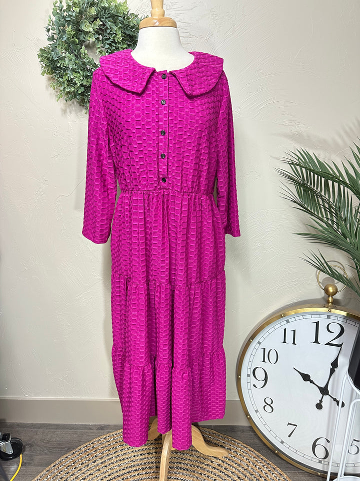 Magenta Honeycomb Dress with Buttons and Peter Pan Collar