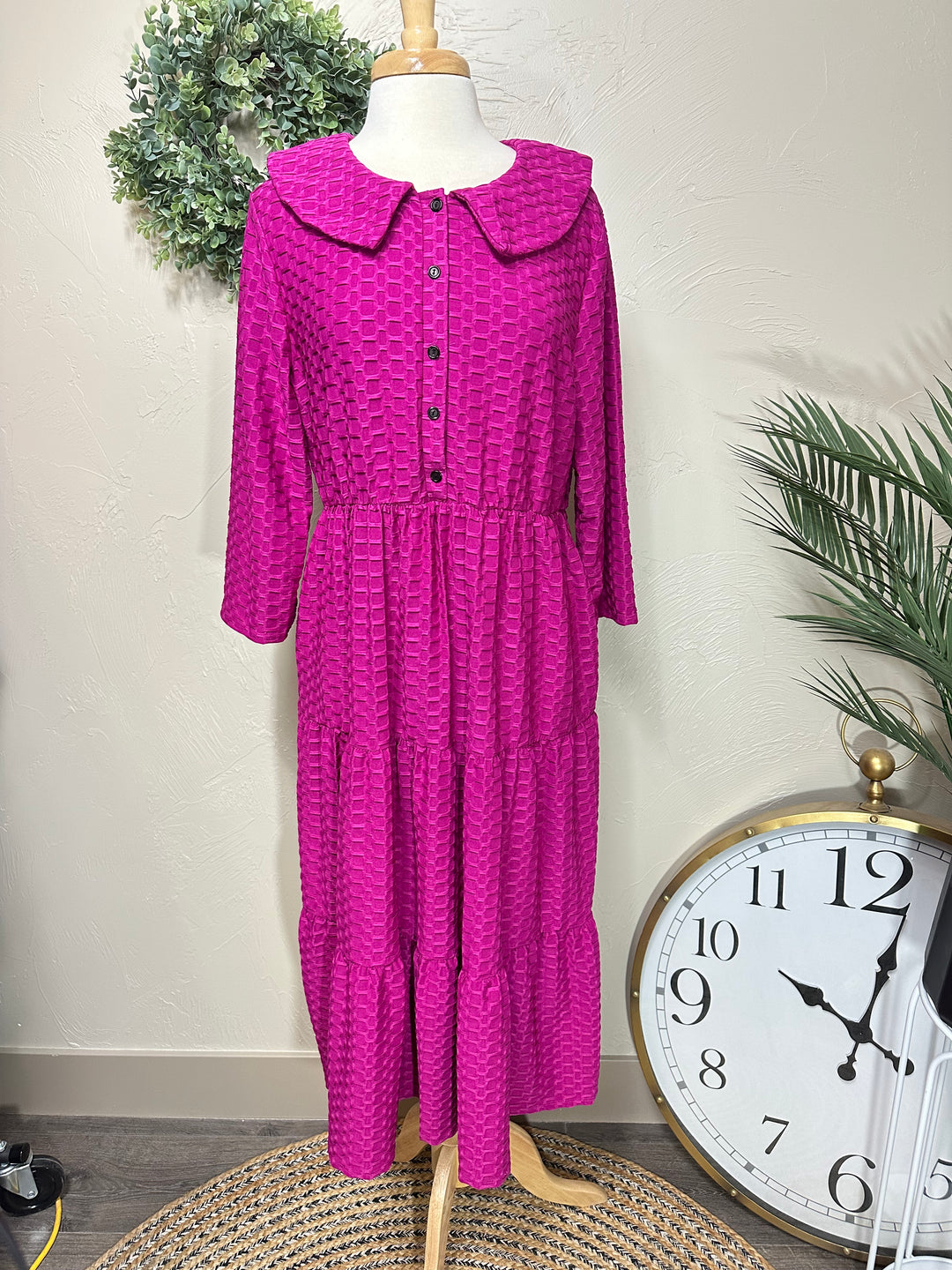 Magenta Honeycomb Dress with Buttons and Peter Pan Collar