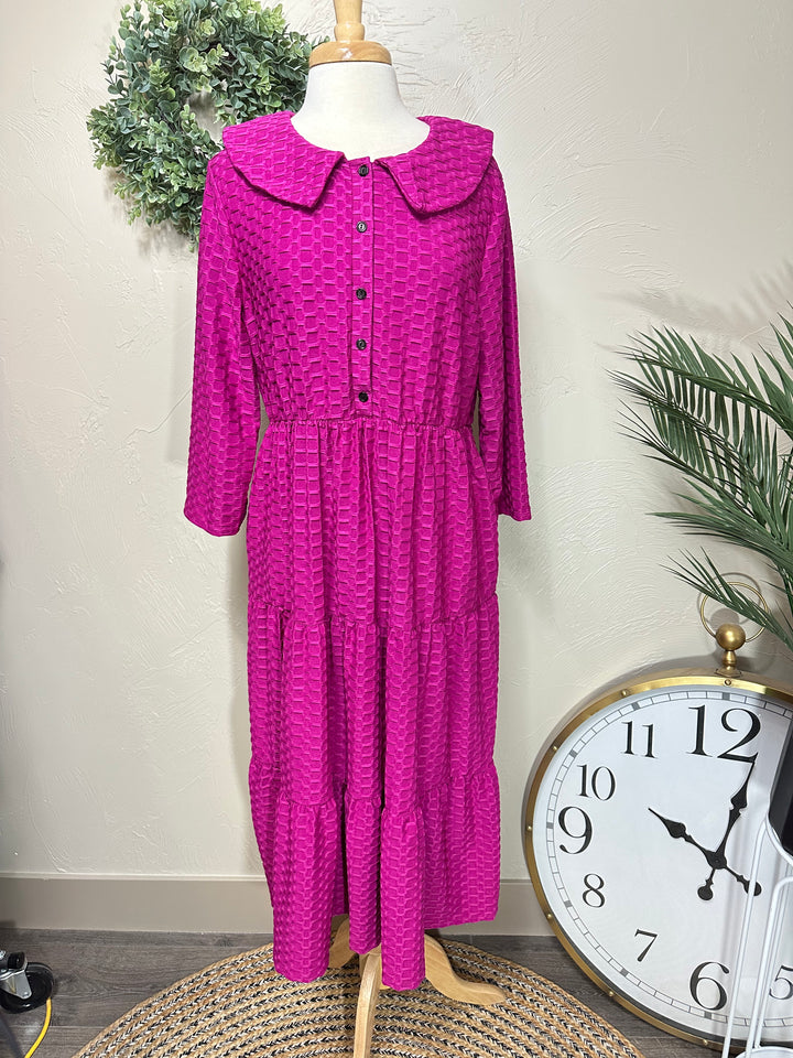 Magenta Honeycomb Dress with Buttons and Peter Pan Collar