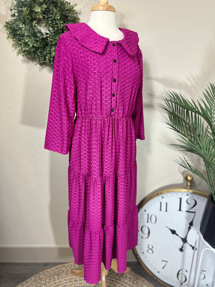 Magenta Honeycomb Dress with Buttons and Peter Pan Collar
