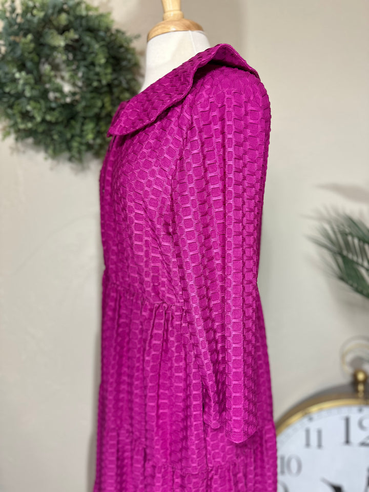 Magenta Honeycomb Dress with Buttons and Peter Pan Collar
