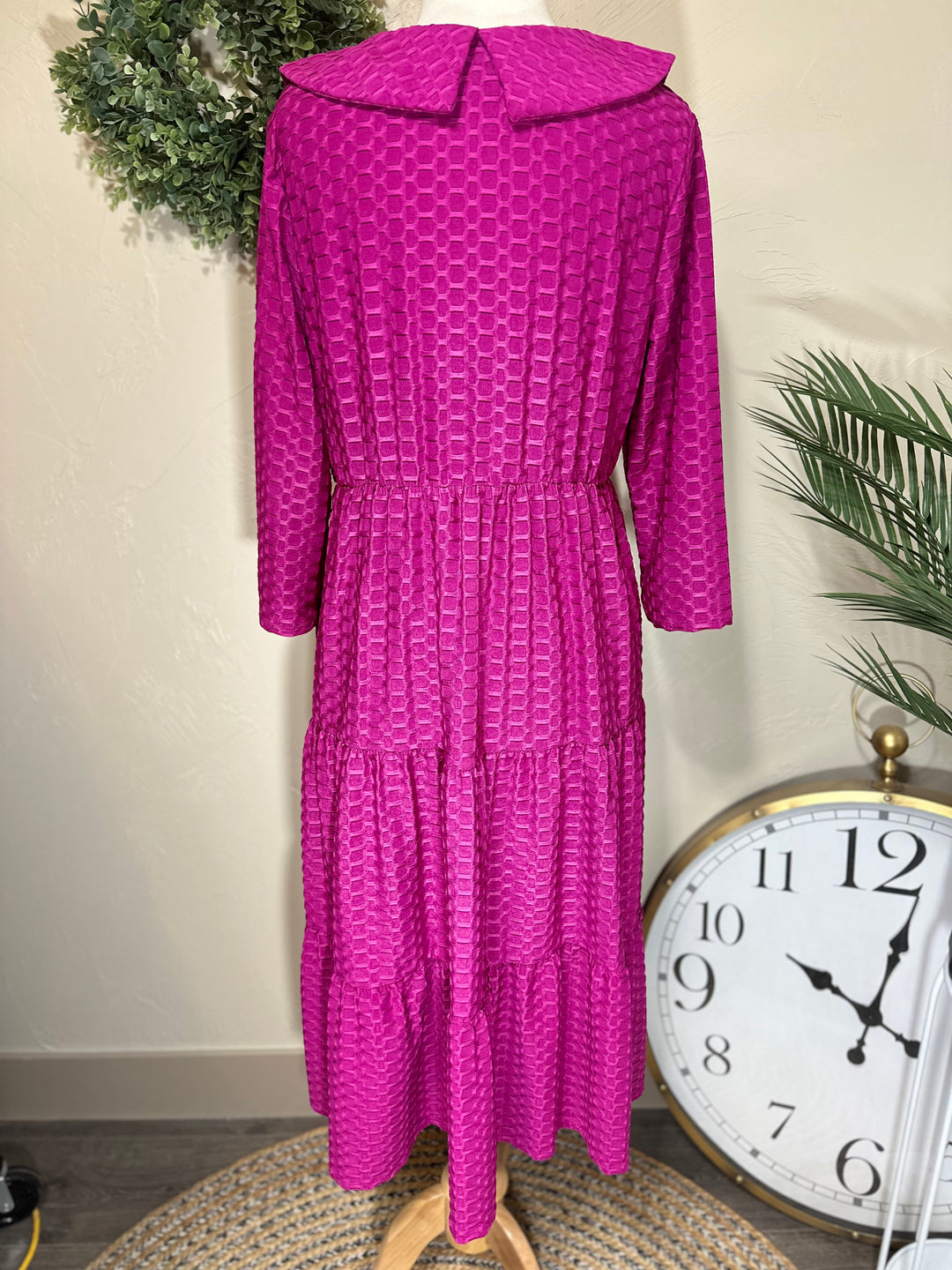 Magenta Honeycomb Dress with Buttons and Peter Pan Collar
