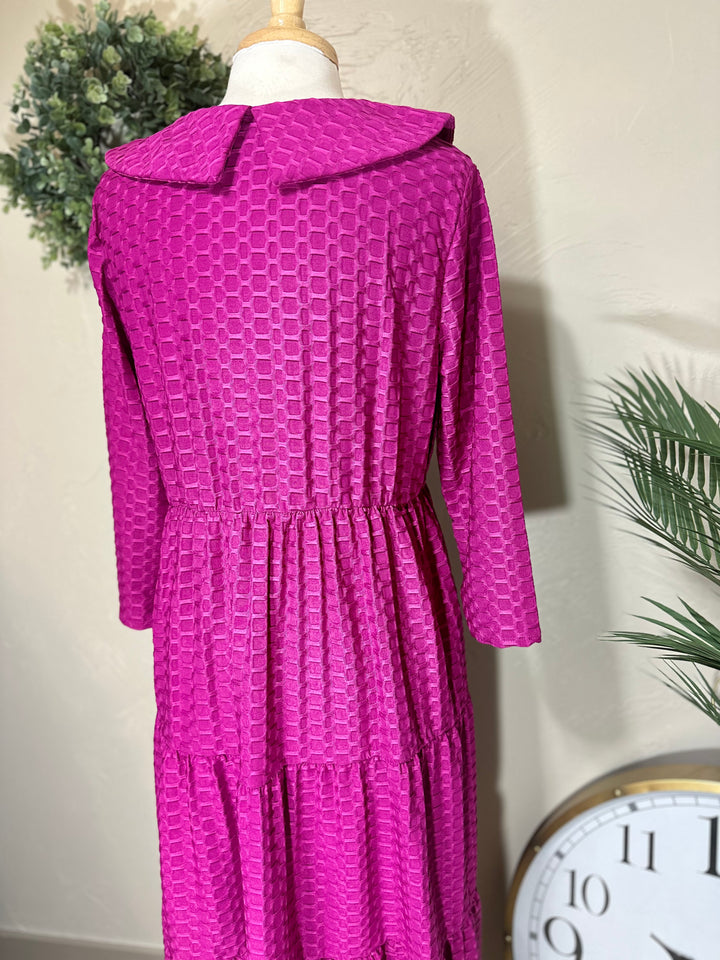 Magenta Honeycomb Dress with Buttons and Peter Pan Collar