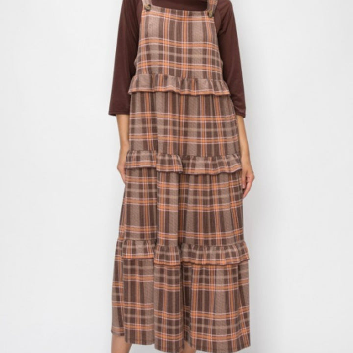 Liza Lou’s Brown Plaid Ruffled Modest Jumper Dress